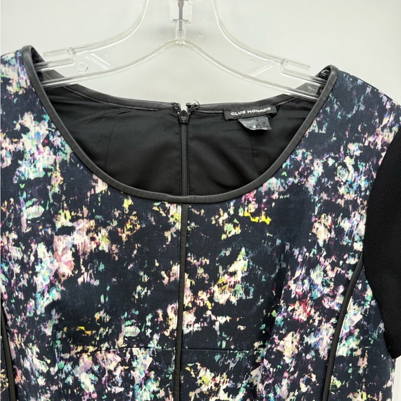 CLUB MONACO Shayla Mini Dress Black Abstract Print Faux leather Trim Size 8 - Picture 7 of 16